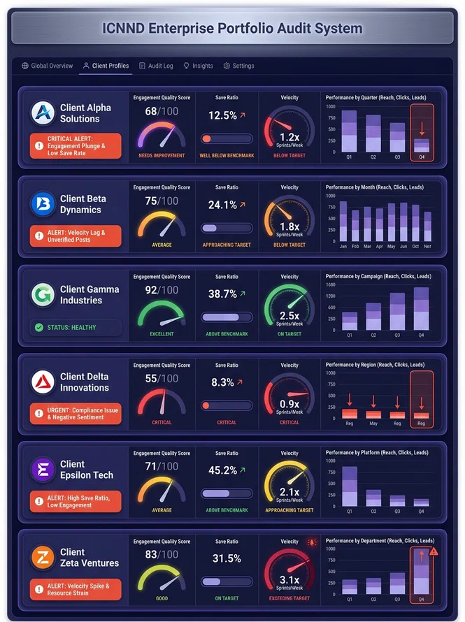 Agency telemetry audit dashboard showcasing weighted engagement performance metrics across client profiles