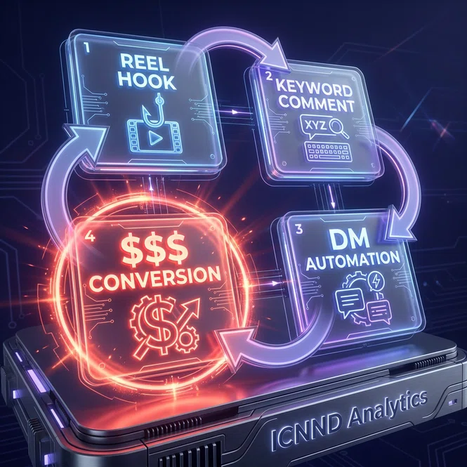 Blueprint mapping the user journey from Reel hook to keyword comment to automated direct message sales sequence