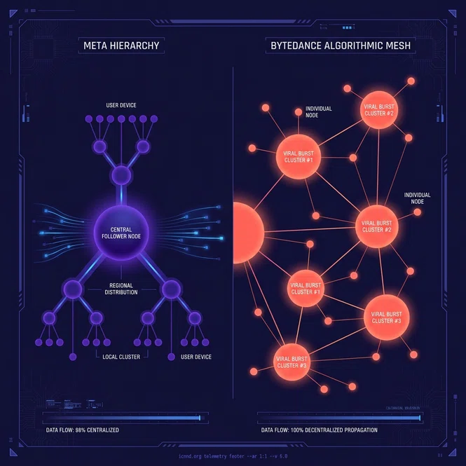 Vector map depicting algorithmic distribution friction differences between Meta and ByteDance