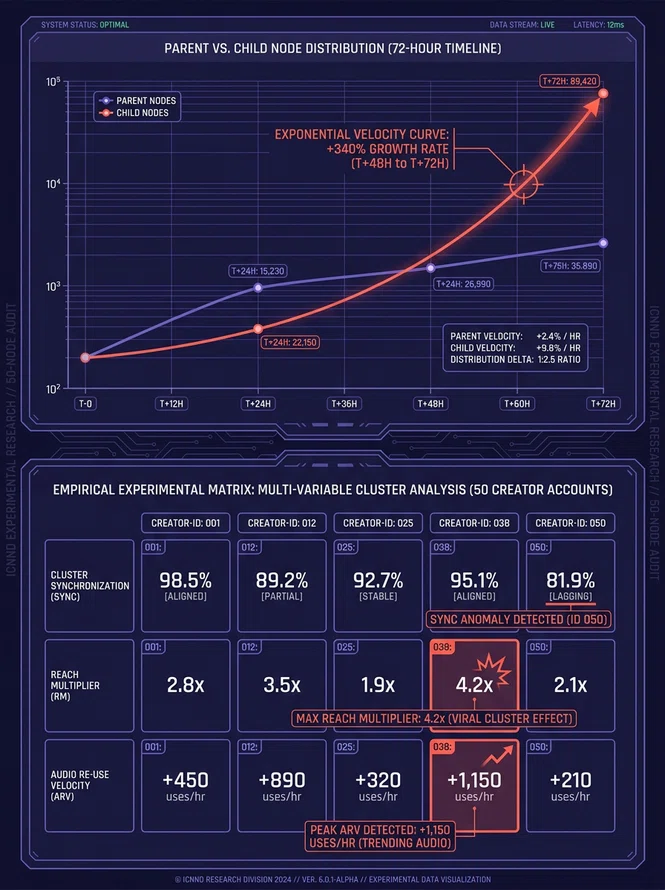 Technical infographic displaying the empirical testing results across 50 creator accounts comparing parent node velocity versus distributed child nodes