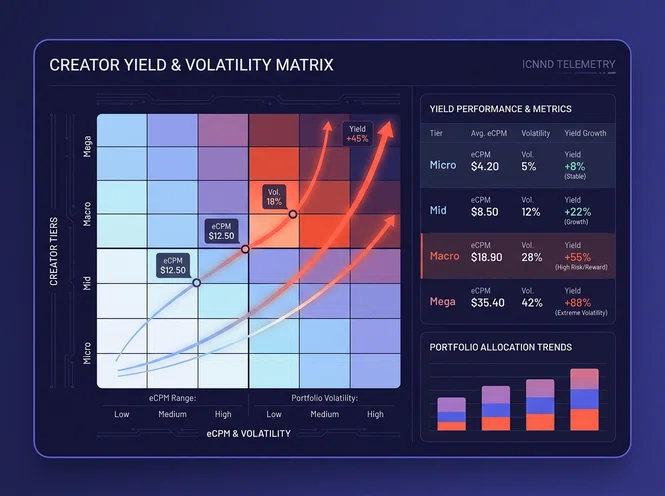 Financial heat map chart mapping creator tiers against asset pricing, engagement rates, and portfolio volatility