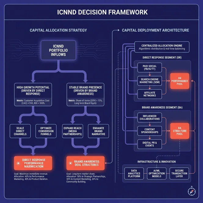 Decision tree diagram mapping startup capital allocation pathways for direct response versus brand awareness campaigns