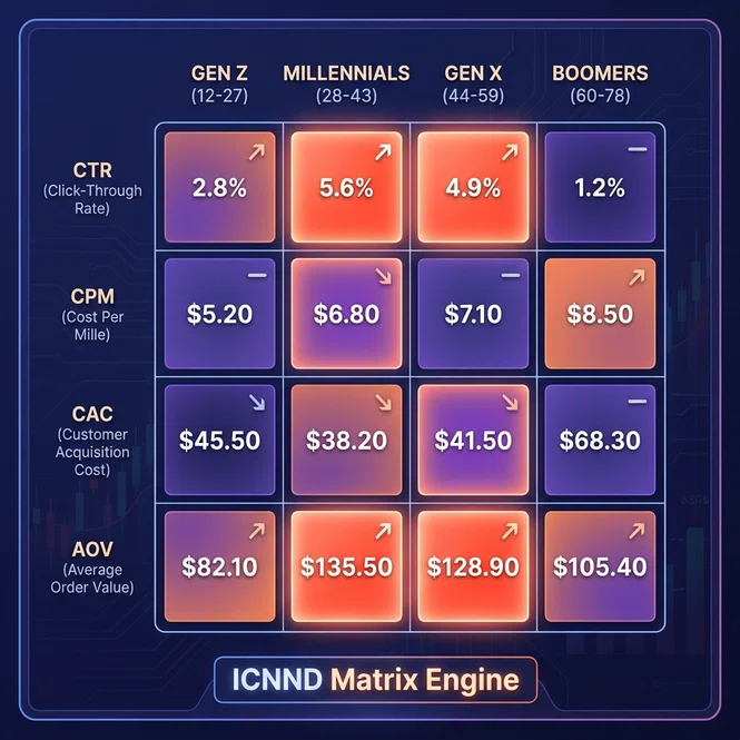 Conversion velocity and CAC metrics heatmap across generational cohorts on Instagram
