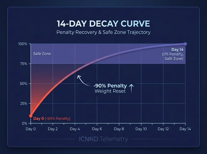 Line chart mapping a 14-day algorithmic decay curve restoring account recommendation weights
