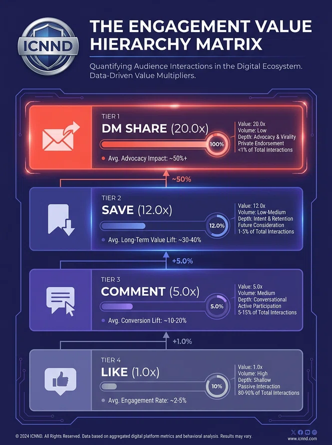 Infographic: The Engagement Value Hierarchy Matrix mapping algorithmic weights from likes to DM shares