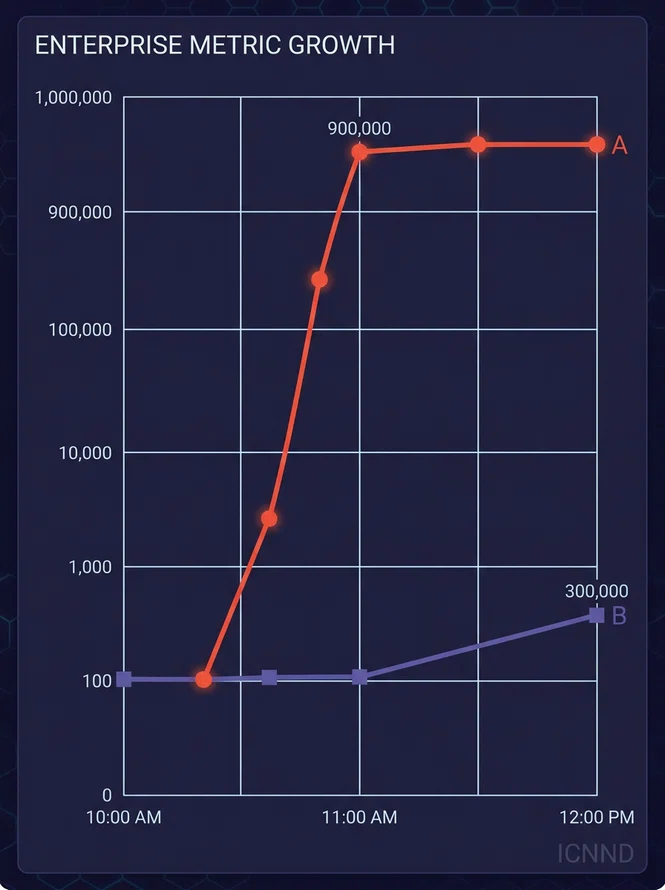 Line graph displaying reach velocity and impression growth comparison between 11:00 AM peak publishing vs 10:15 AM pre-peak publishing