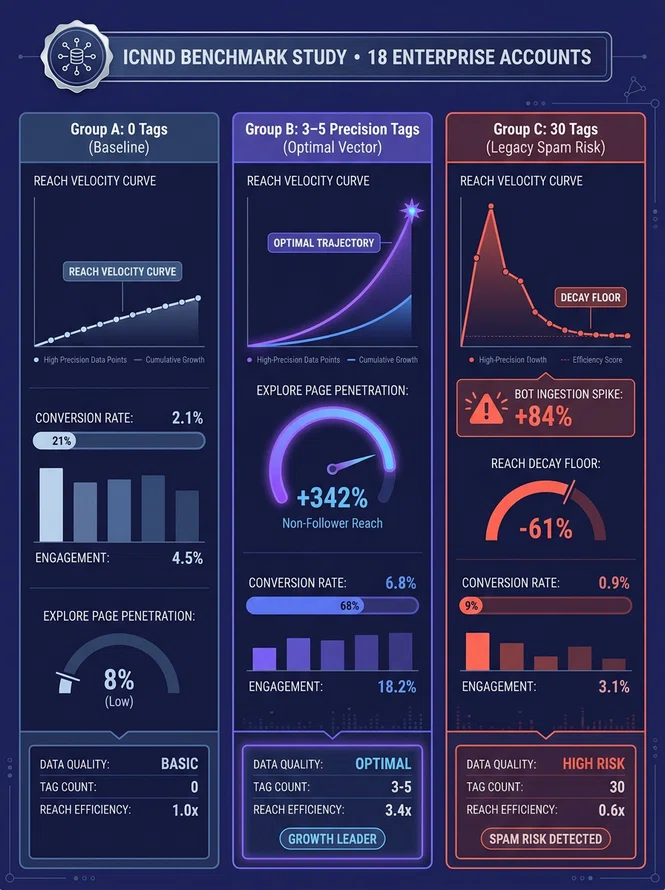 Detailed infographic showing comparative analytics across 18 enterprise accounts testing 0 tags, 3-5 tags, and 30 tags