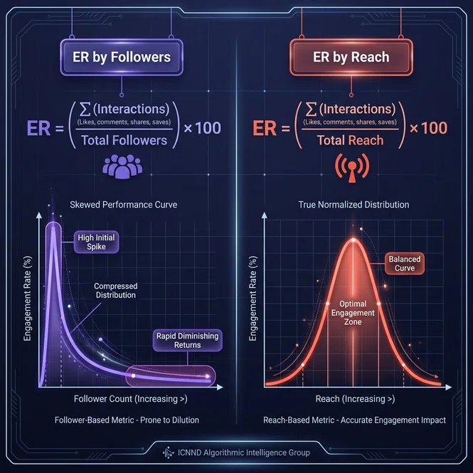 Mathematical comparison chart contrasting ER by Followers versus ER by Reach metrics