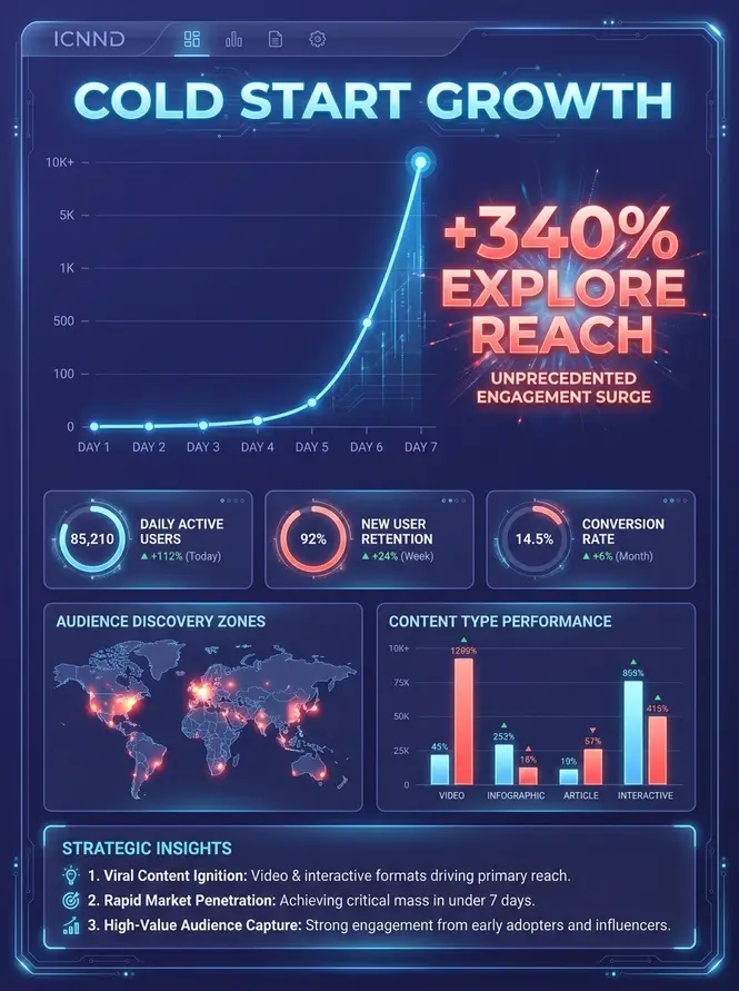 Graph showing exponential non-follower reach growth during an algorithmic cold start experiment