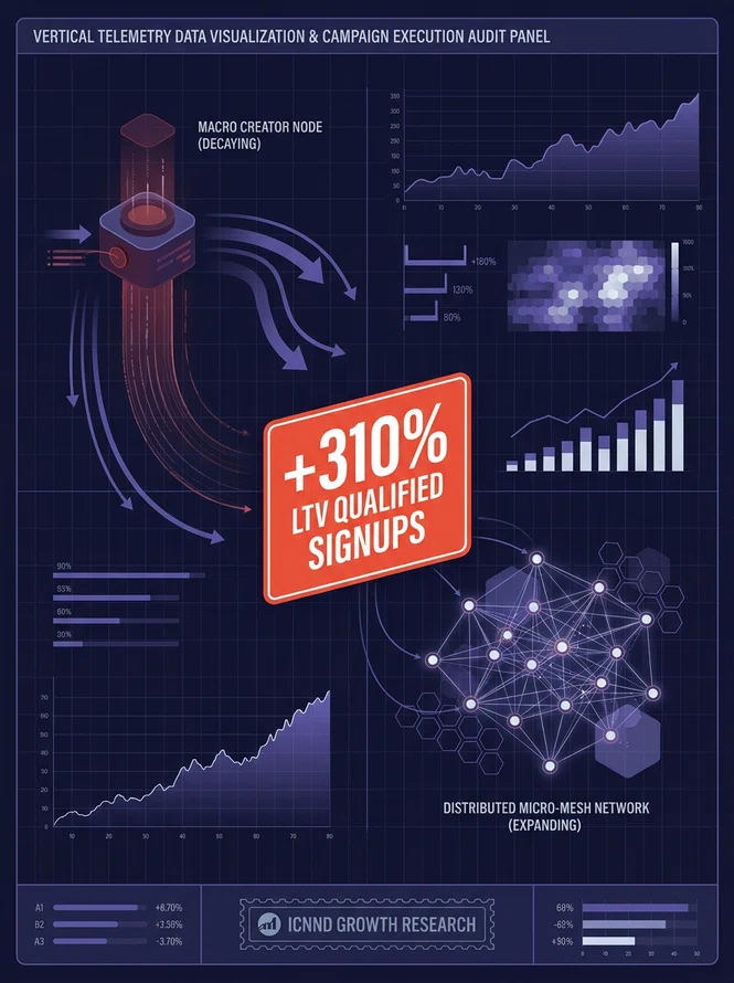 Detailed telemetry visualization showing a 310 percent increase in LTV qualified signups after micro creator portfolio restructuring