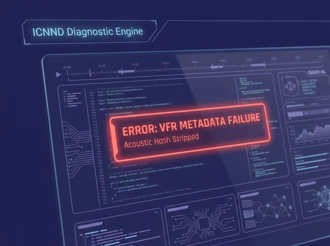 Diagnostic dashboard showing variable frame rate metadata failures and acoustic hash stripping