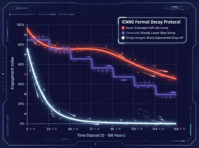 Line chart tracking the temporal decay curve of Reels, Carousels, and Single Images over a 168-hour window