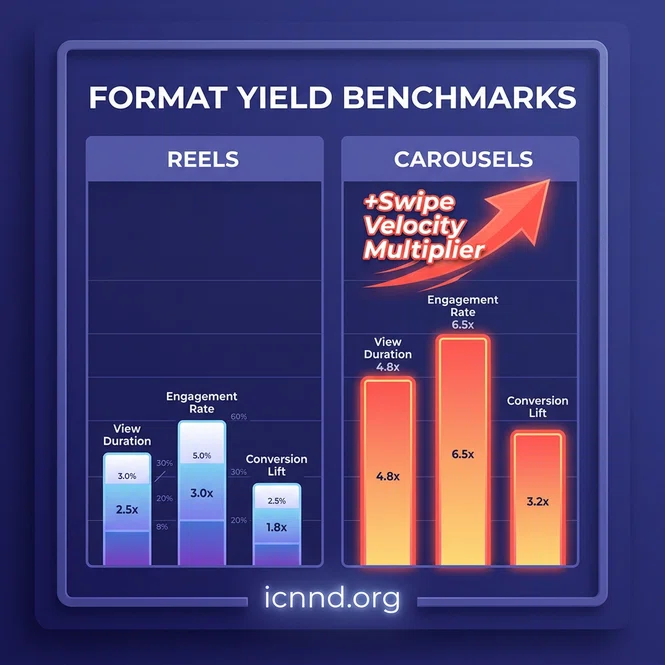 Empirical reach comparison chart detailing Reels versus Carousel performance across August metrics