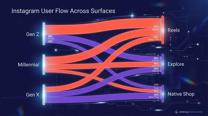 Sankey diagram showing user flow across Gen Z, Millennials, and Boomers on Instagram surfaces