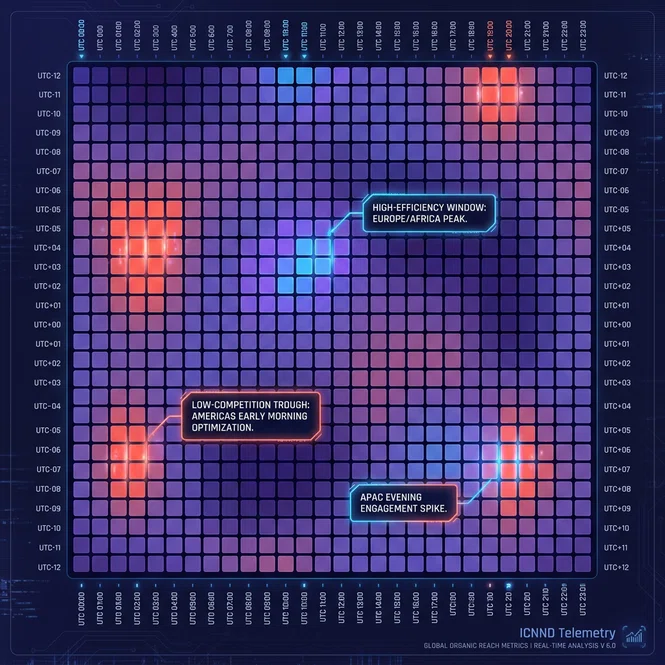 Tri-color normalized global heatmap grid showing user intent modes and low competition velocity troughs across UTC time offsets