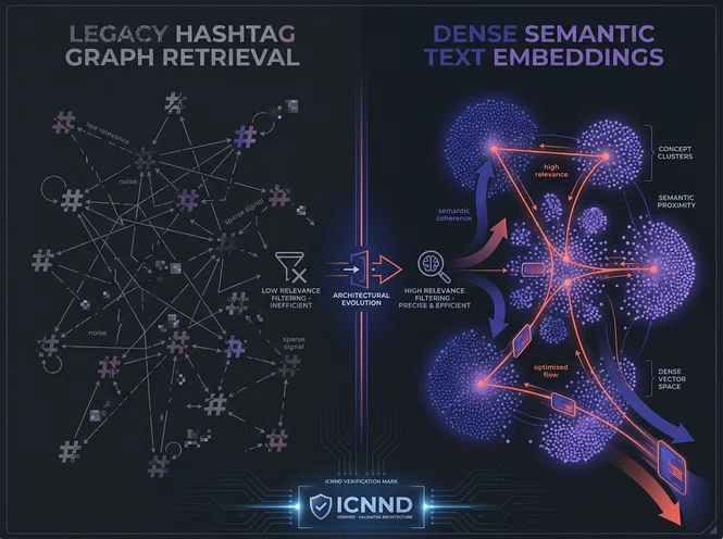 Comparison graphic demonstrating why hashtags create semantic noise versus structured text embeddings