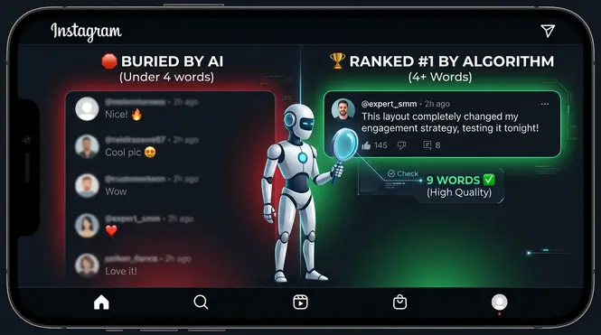 Split-screen infographic showing how Instagram AI buries short comments under 4 words and ranks long-form text comments at the top.