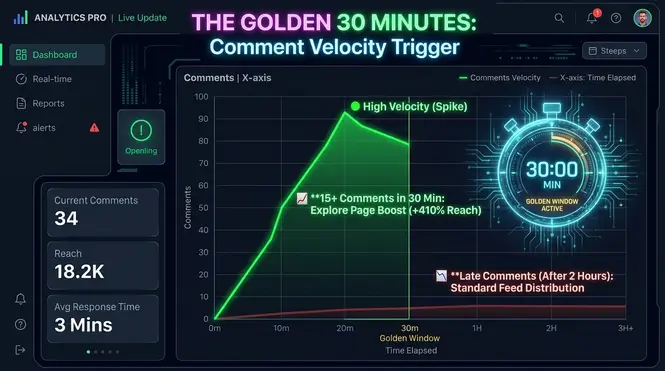 An analytics dashboard graph illustrating the golden 30 minutes rule where high comment velocity triggers a 410 percent organic reach boost.