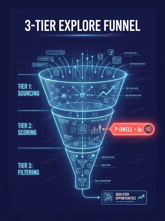 Infographic showing the 3-Tier Explore Recommendation Pipeline: Candidate Sourcing, Neural Scoring, and Diversity Filtering