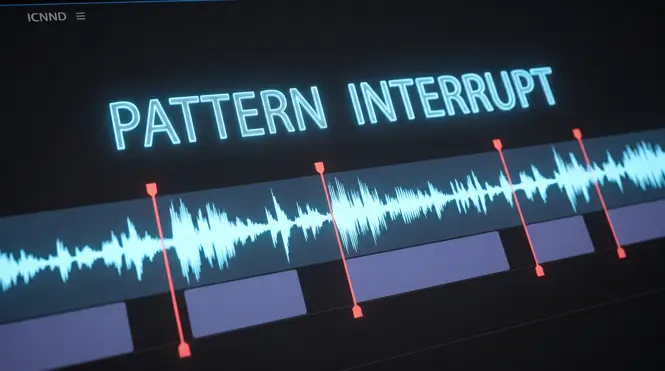 Video editing timeline showing perfectly timed audio and visual pattern interrupts