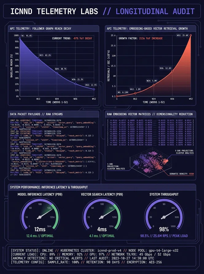 Technical infographic displaying API telemetry analysis of feed recommendation payloads and embedding transitions