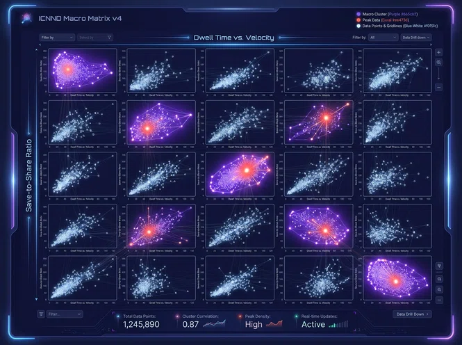 Dual-Axis Scatter Plot Cluster Matrix displaying social media engagement metrics across 5 macro clusters