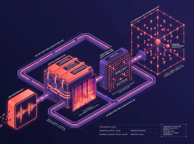 Architectural diagram of Meta's perceptual hashing and spectral comparison against the global audio index