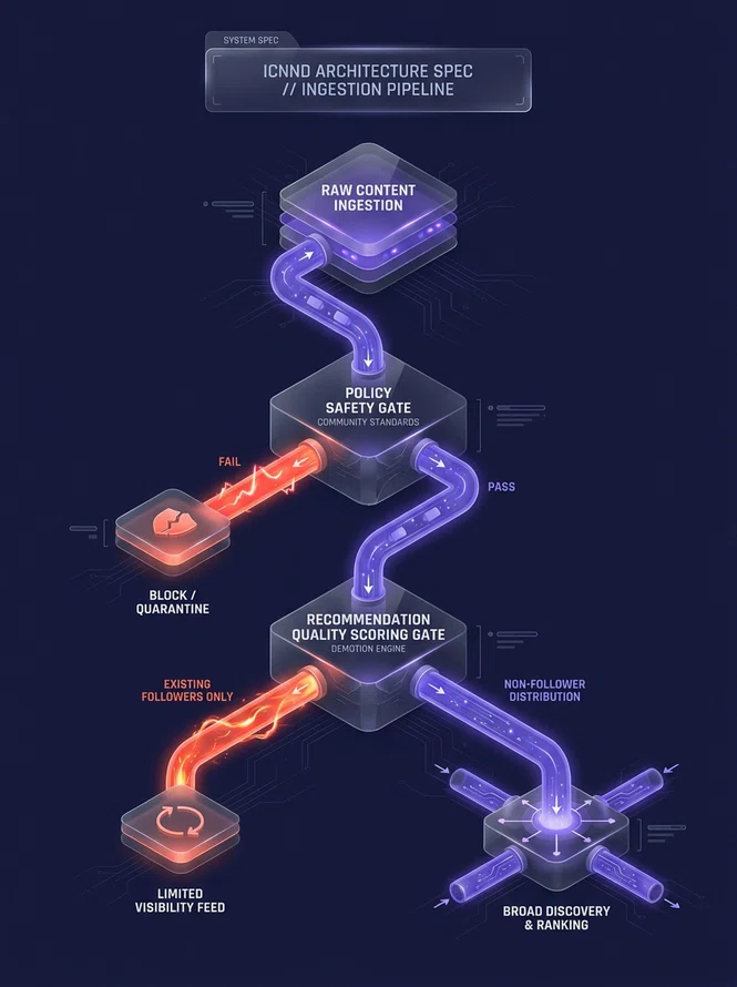 Technical architectural flowchart mapping content ingestion through Community Guidelines vs Recommendation Guidelines decision gates