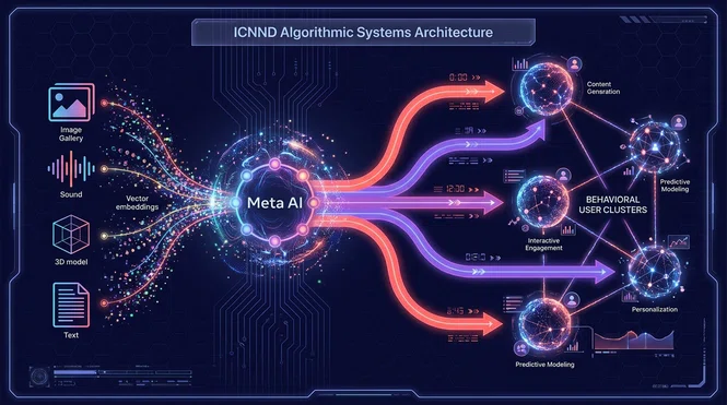 Architecture visualization of Meta AI routing ad creatives via multimodal signals to user cohorts