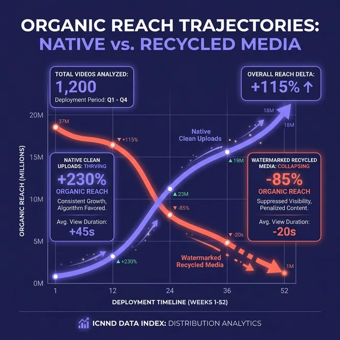 Empirical performance data showing drastic organic reach drop when uploading watermarked video vs native exports