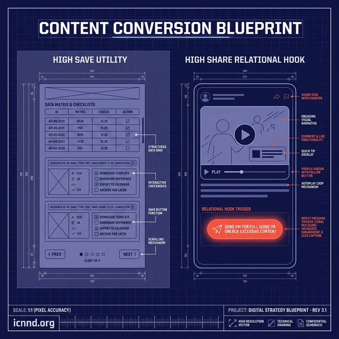 Technical blueprint detailing visual layout structures for high save and high share assets