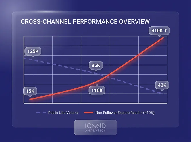Performance dashboard charting 410 percent non-follower reach expansion after shifting strategy toward high save and share assets