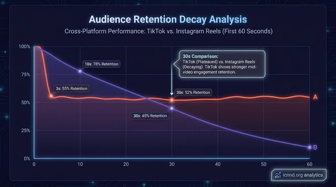 Second-by-second technical graph comparing Reels and TikTok retention curves