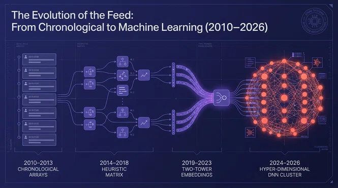 Architectural timeline diagram of Instagram feed mechanics from 2010 reverse chronological to 2026 deep neural networks