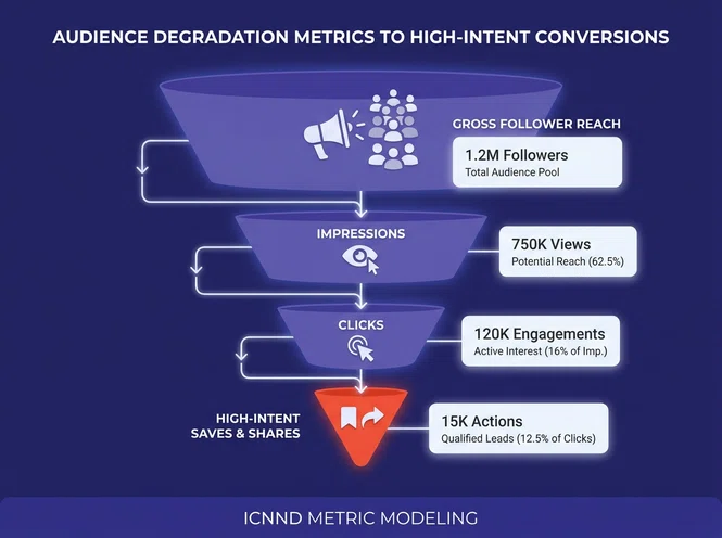 Inverted waterfall visualization detailing raw follower decay down to high intent save and share actions