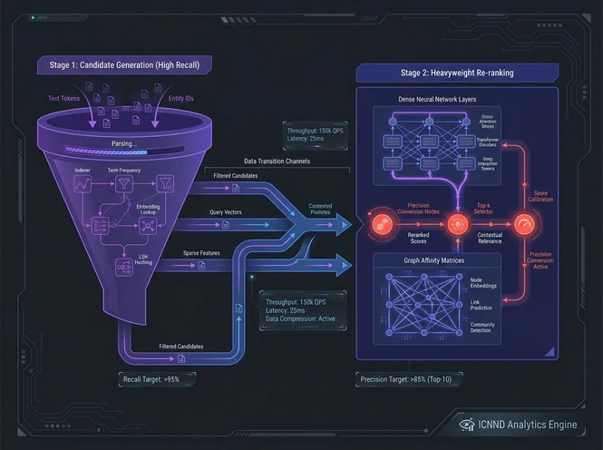 Architectural diagram of Meta's two-stage search ranking pipeline showing Candidate Generation and Personalization Re-ranking