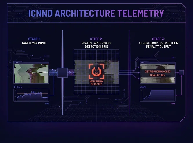 Technical diagram detailing video re-encoding loss and watermark detection penalties